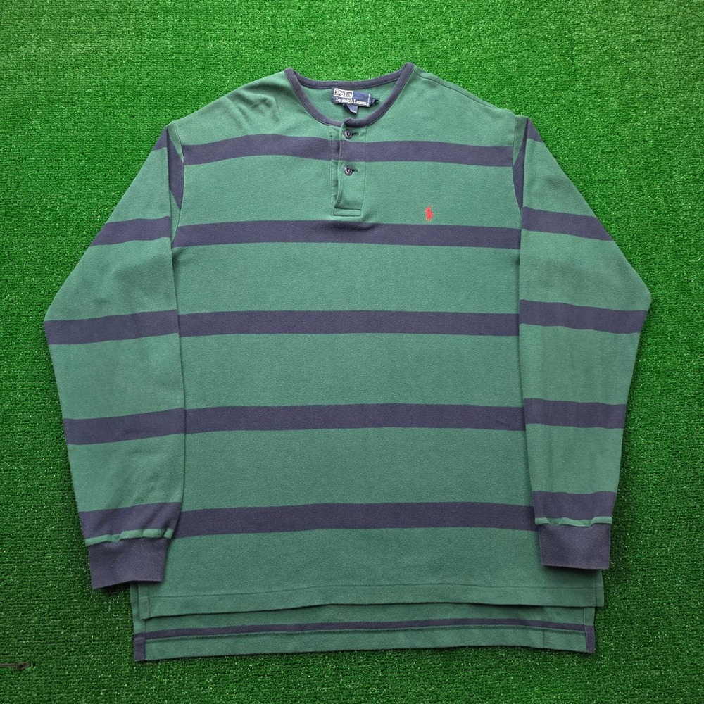 Polo Ralph Lauren Henley Shirt Mens Large Green Blue Striped Long Sleeve Preppy